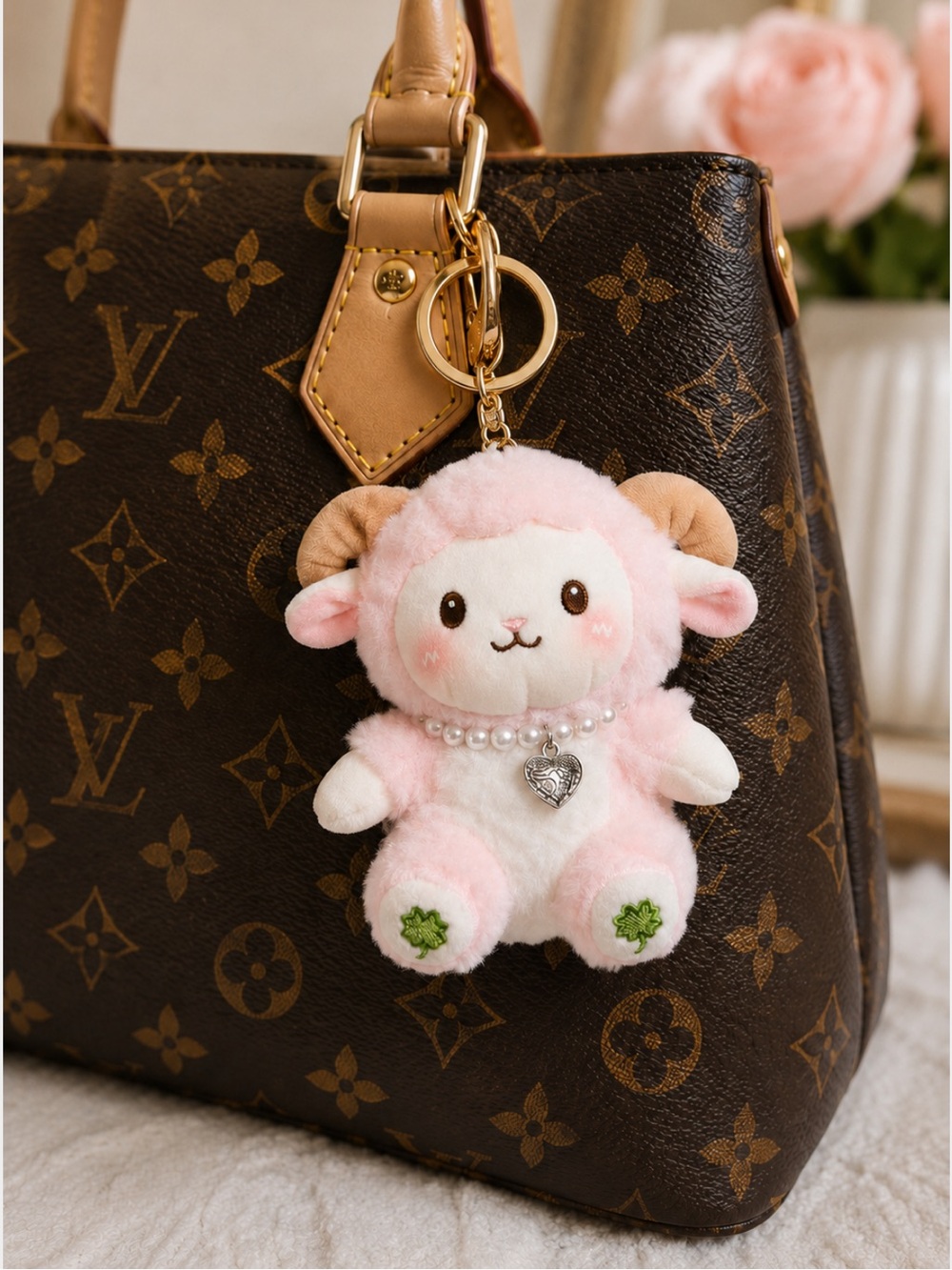 New Baby Sheep Plush with Pearl Necklace Bag Charm Key Chain Playful Whimsical